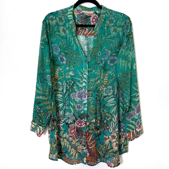 Soft Surroundings Tops - Soft Surroundings Floral Tunic Top Large Chiffon Green Turquoise Button Up Sheer